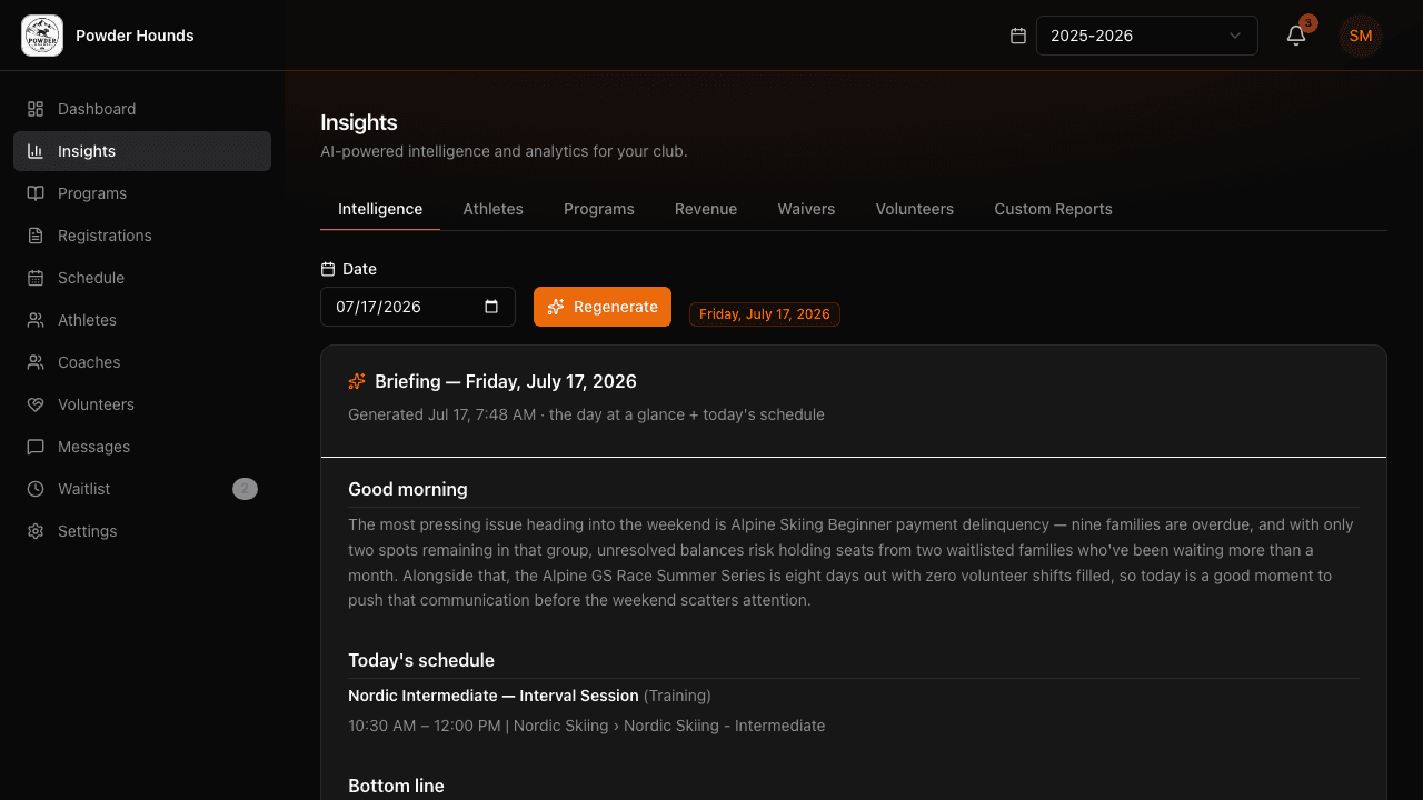 W110 insights view — an AI-generated daily briefing with today's schedule and a bottom line