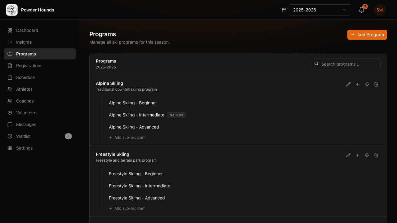 W110 programs view — seasons, programs, and skill-level sub-programs in one tree